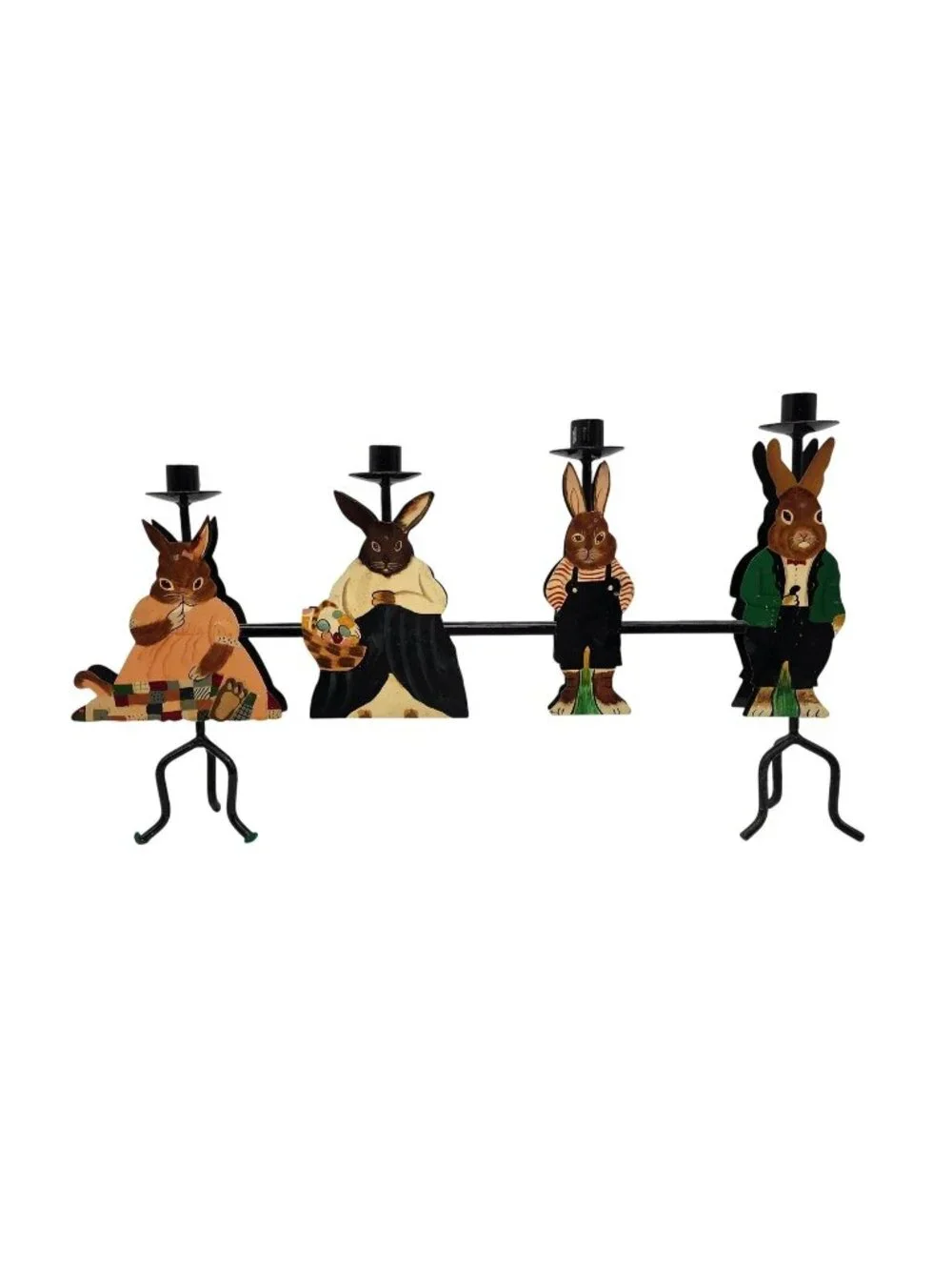 Vintage Whimsical Metal Rabbit Family Candelabra Candle Holder